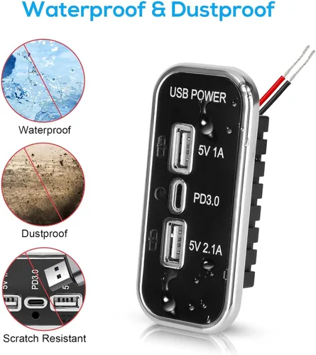 Miniatura 4 de Linkstyle Toma de corriente USB de 12 V, doble USB A y USB C de 18 W, panel de enchufe de cargador rápido con luz LED para montaje empotrado