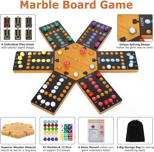 Miniatura 3 de Juego de mesa de mármol, juego de mesa de madera para 4 y 6 jugadores, juego de mármol original portátil con 24 canicas, 12 dados para familiares