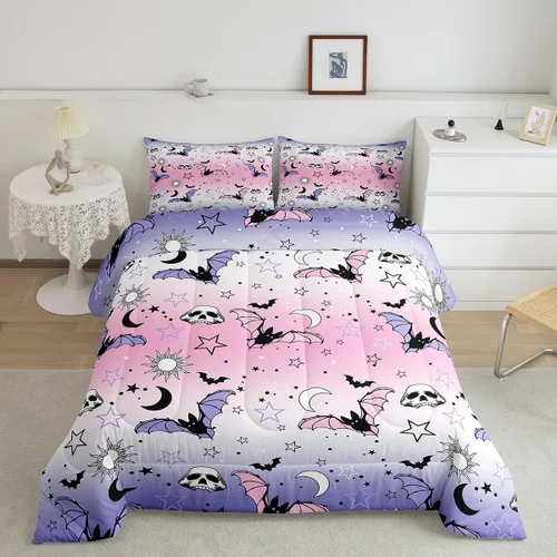 Miniatura 43 de Feelyou Juego de edredón de Halloween, color rosa fantasma, juego de ropa de cama tamaño individual, decoración para niños y niñas, lindo juego