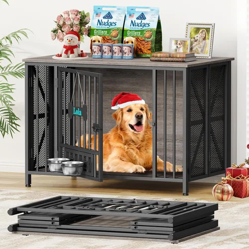 Miniatura 10 de EasyCom Muebles de Jaula Plegable Grande para Perros, 41.3" Jaulas Sin Montaje para Perros Grandes, Perrera de Madera para Interiores con Etiqueta