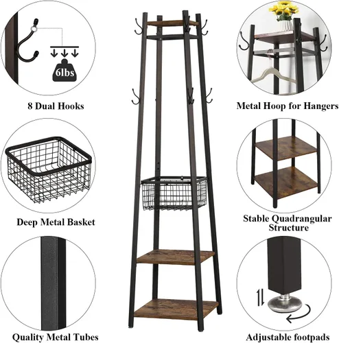 Miniatura 8 de VECELO Perchero industrial, soporte de ropa de Enterway con estantes de almacenamiento de 2 niveles y cesta de metal, árboles de pasillo mejorados