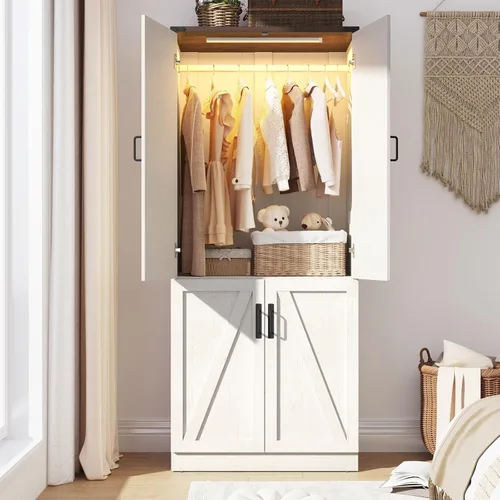 Miniatura 20 de Hlivelood Armario Ropero Estilo Granja de 75" de Alto con 2 Puertas con LED, Armario Independiente para Dormitorio con Barra para Colgar, Gabinete