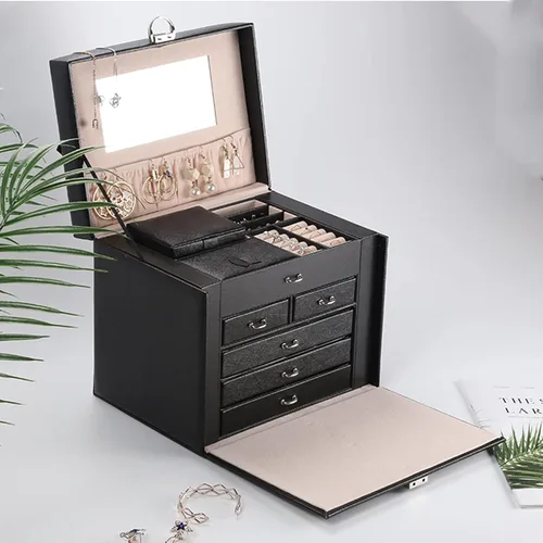 Miniatura 7 de DREAM&GLAMOUR - Cajas de joyería grande, de piel sintética, organizador de joyas de piel sintética con espejo y cerradura. Caja de almacenamiento