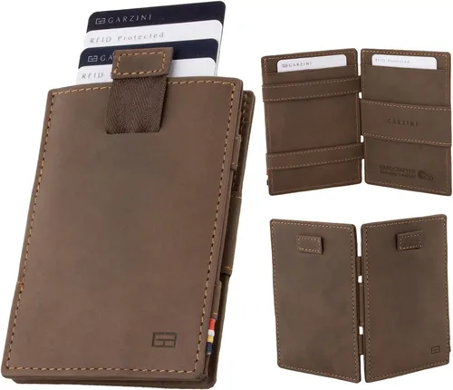 Miniatura 13 de GARZINI Cartera mágica con tirador, cartera minimalista con tarjetero RFID, cartera de cuero para 12 tarjetas, 07 Negro cepillado, Minimalista