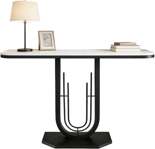 Mesa consola rectangular estrecha de 39.37 pulgadas con parte superior de mármol, elegante mesa de entrada moderna, marco de metal en forma redonda,