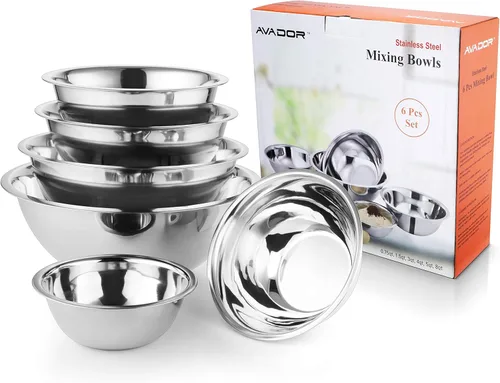 AVADOR - Juego de 6 tazones de mezcla de acero inoxidable premium, fácil de limpiar, diseño apilable que ahorra espacio, ideal para cocinar,