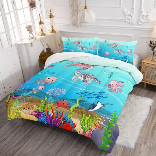 Miniatura 2 de Juego de edredón de tortuga con aguada oceánica, juego de ropa de cama de tortuga para cama individual, juego de cama con peces tropicales y vida
