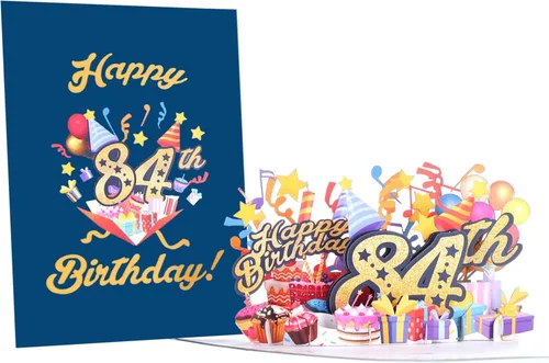 Miniatura 2 de iGifts And Cards Tarjeta desplegable 3D de feliz cumpleaños 84 – Diseño azul con números de purpurina, globos, pasteles y regalos – Tarjeta