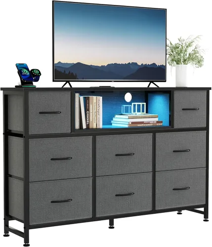 Miniatura 10 de DUMOS - Cómoda para TV con 8 cajones de tela, cómoda, color negro APP Control LED Lights and Type-C Charging Station, Fabric Storage Tower TV