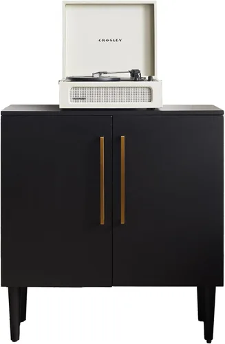 Crosley Furniture Everett Accent - Armario de almacenamiento, soporte para tocadiscos, soporte para discos de vinilo, negro mate