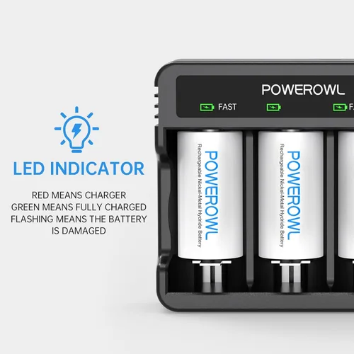 Miniatura 5 de POWEROWL Baterías recargables D con cargador de batería de 4 bahías, carga rápida USB, para baterías recargables AA AAA C D Ni-MH Ni-CD -4