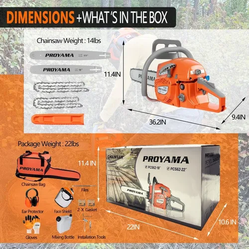 Miniatura 8 de PROYAMA 62CC motosierra de gas de 2 ciclos, 22 pulgadas 18 pulgadas motosierra de gasolina inalámbrica de mano para corte de madera de árboles