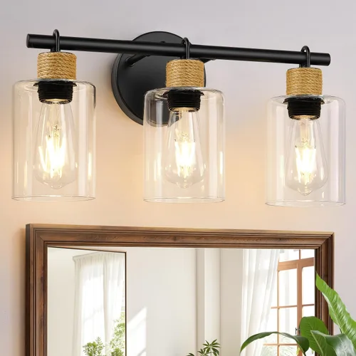 Miniatura 13 de MOKATNG Juego de 2 apliques de pared para baño, luces de tocador modernas costeras con pantalla de cristal, lámpara de pared negra para espejo