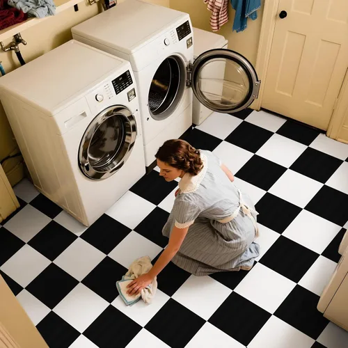 Miniatura 4 de Alow Azulejos autoadhesivos para despegar y pegar, 20 piezas en blanco y negro, suelo de vinilo impermeable, suelo de vinilo fácil de colocar