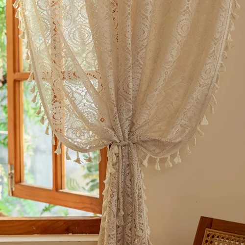 Miniatura 26 de YJ YANJUN - Cortinas de café boho, 24 pulgadas de largo, 2 paneles, cada una de 59" de ancho x 24" de largo, beige, con crochet, cortinas de cocina