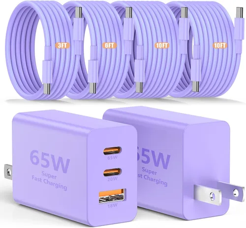 Miniatura 11 de Susnwere Cargador de pared USB C de 65 W para Samsung S26 Ultra, 3 puertos de 100 W PD rápida 3.0 tipo C carga con cable USB C de 3/6/10/10 pies