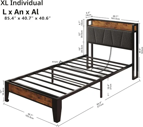 Miniatura 2 de LIKIMIO Marcos de Cama Twin XL, Cabecera de Almacenamiento con Estación de Carga, Sólido y Estable, Sin Ruido, No Necesita Somier, Fácil Montaje