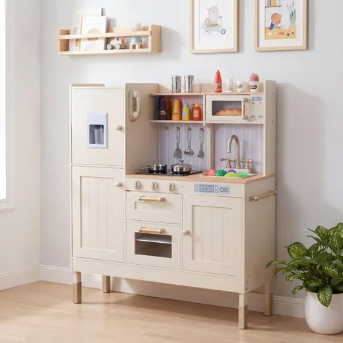 Arlopu Cocina de Juguete para Niños, Juegos de Cocina de Madera para Niños Pequeños, Set de Cocina de Simulación con Almacenamiento y Accesorios,