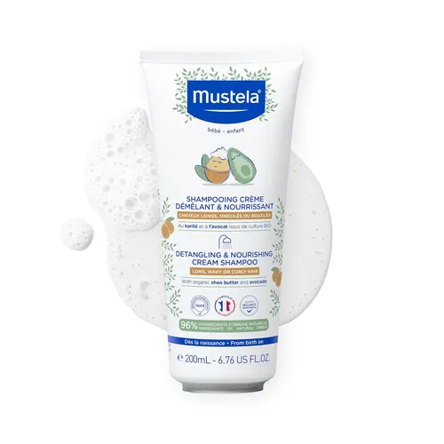 Mustela Champú en crema desenredante y nutritiva, manteca de karité natural y aguacate, cabello rizado y encrespado, probado por dermatólogos y