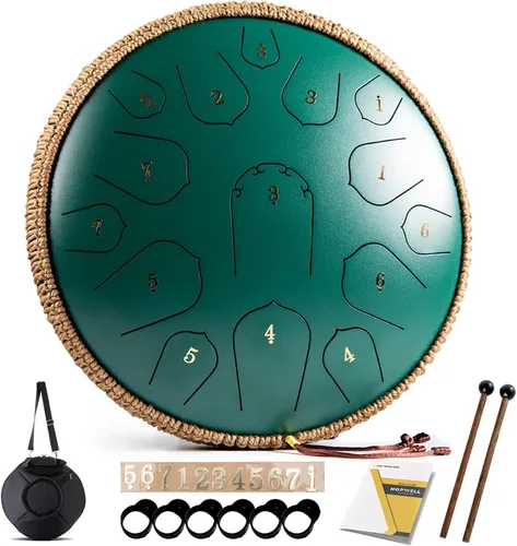Tambor de Lengua de Acero - HOPWELL 15 Notas 14 Pulgadas Tambor de Lengua - Tambores Hand Pan con Libro de Música, Mazos de Tambor Handpan de Acero