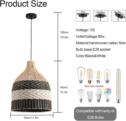 Miniatura 2 de Lámpara Colgante de Ratán 1 Paquete Candelabro de Cesta de Ratán Sintético Negro Blanco 11.8" Boho Tejido a Mano Ovalado de Mimbre Lámpara Colgante