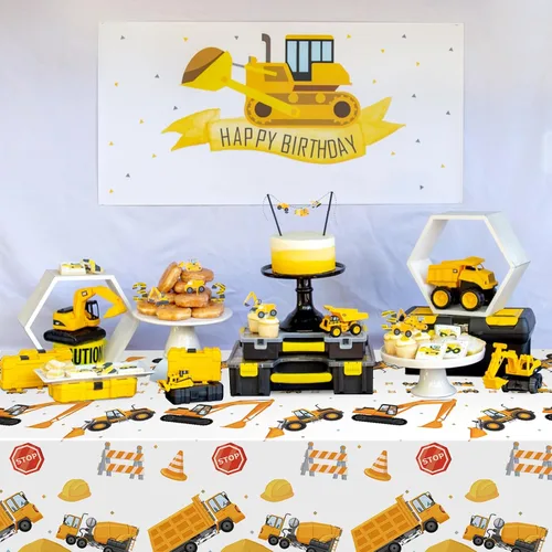 Miniatura 4 de Mantel de plástico de construcción de 3 piezas de 51 x 87 pulgadas, diseño de camión volquete y señal de tráfico, funda rectangular desechable