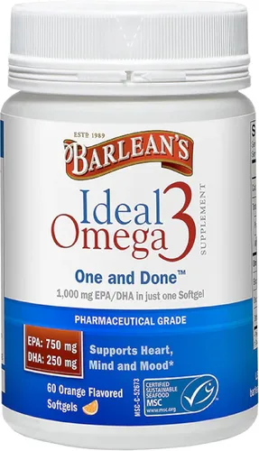 Barlean's Ideal Suplemento de aceite de pescado Omega 3, 1000 mg cápsulas blandas, grado farmacéutico EPA y DHA para la salud del cerebro, las