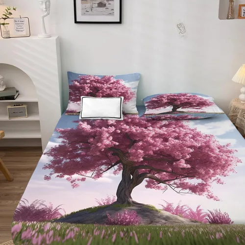 Miniatura 2 de Juego de sábanas de 3 piezas con estampado de flor de cerezo, tamaño individual, diseño de árbol de Sakura, sábanas y fundas de almohada, sábana