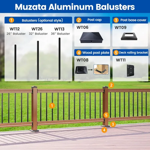 Miniatura 6 de Muzata Paquete de 50 balaustres cuadrados de aluminio de 36 pulgadas para barandilla de cubierta cuadrada negra para escalera, porche, escalera