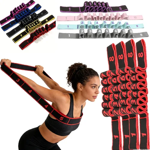 Miniatura 15 de Banda de resistencia de fitness para estiramiento y yoga, banda de resistencia de yoga ajustable de 8 segmentos con asas para brazos, ejercicio