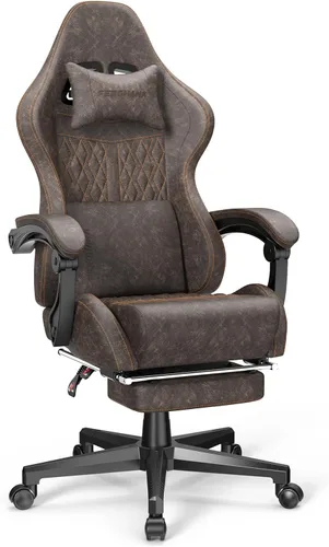 Miniatura 13 de Ferghana Silla vintage de piel sintética para videojuegos, silla de jugador con respaldo alto con masaje, silla ergonómica de oficina para Gris Acero