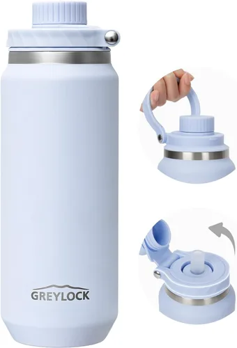 Miniatura 22 de GREYLOCK Botella de agua aislada de 24 onzas con tapa con popote, botella de acero inoxidable reutilizable a prueba de fugas, fría y caliente las 24