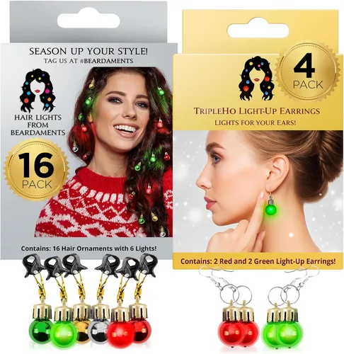 Beardaments Paquete de luces para el cabello y los aretes: el juego original de 16 piezas para el cabello y 4 piezas de luces para