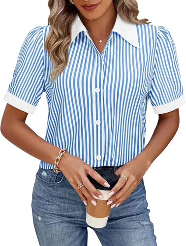 Miniatura 30 de Gleeivy Camisas de botones para mujer de manga corta abombada, camisas de vestir abotonadas con cuello ajustado, blusa superior de trabajo