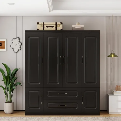Armario de madera, armario de almacenamiento grande, diseño de 4 puertas, armario con 2 cajones y 2 varillas para colgar, adecuado para dormitorio,