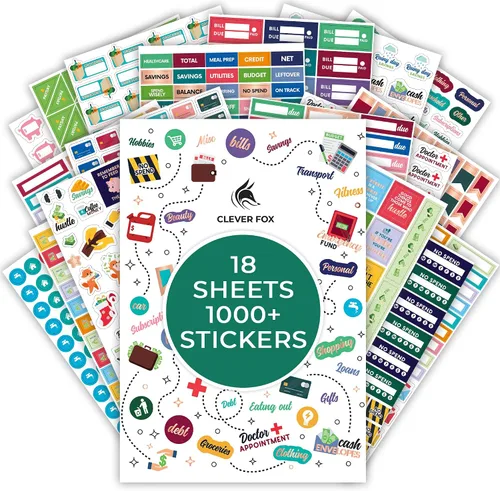 Stickers de presupuesto de Clever Fox - Juego de 18 hojas con más de 1030 stickers únicos para tu planificador mensual, semanal y diario,