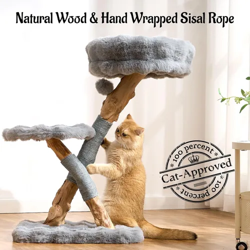 Miniatura 5 de Árbol para gatos de madera natural para gatos adultos de interior, torre de gatos moderna de 33 pulgadas con cama de felpa súper suave y percha