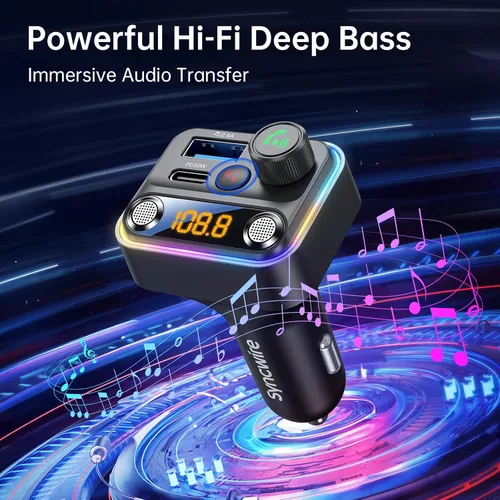 Miniatura 6 de Syncwire Bluetooth 5.4 Transmisor FM Adaptador para Coche 42W [Interruptor de Luz] [Micrófono Dual Más Potente] [Sonido de Graves HiFi]