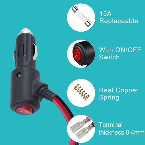 Miniatura 5 de SPARKING Enchufe de Encendedor de Cigarrillos con Fusible de 12V con Interruptor – 6 pies 16AWG con Fusible 15 amperios Enchufe Macho de Repuesto