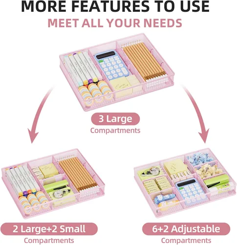 Miniatura 4 de Marbrasse Organizador de cajones de escritorio rosa 2P, bandeja organizadora de cajones de malla metálica con 5 compartimentos ajustables