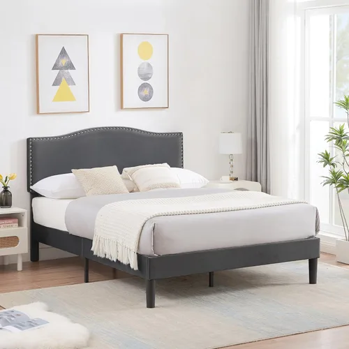 Miniatura 4 de VECELO Base de cama Queen con cabecera tapizada, marco fuerte y soporte de listones de madera, fuerte capacidad de peso, antideslizante y sin ruido