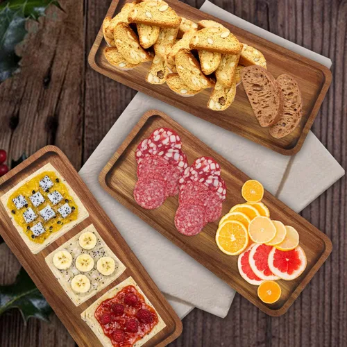 Miniatura 6 de GNIEMCKIN Bandeja de madera para servir, 13.8 x 5.1 pulgadas, juego de 4, bandeja de madera de acacia, perfecta para servir embutidos, postres