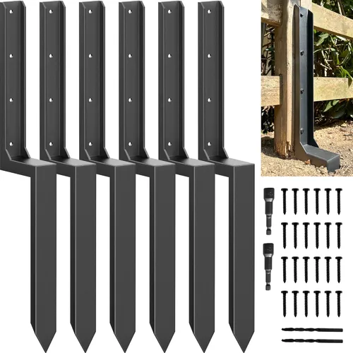 Miniatura 7 de Kit de reparación de postes de valla – Anclaje de acero grueso calibre 11 y estacas para fijar soporte de poste de madera roto/inclinado 4x4/6x6