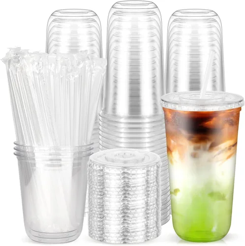 Miniatura 10 de 100 piezas de 12 onzas. Vasos desechables de plástico con tapas planas y popotes transparentes, vasos de fondo redondo para llevar café helado