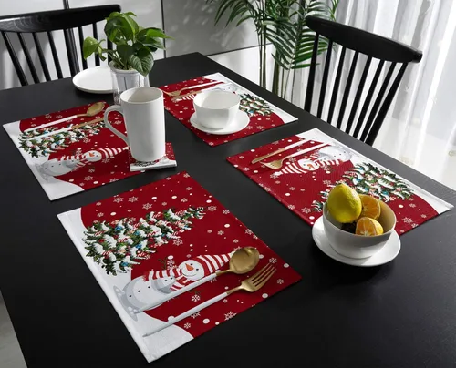 Miniatura 3 de Juego de 6 manteles individuales de Navidad, muñeco de nieve, copo de nieve, árbol de Navidad, resistentes al calor, para mesa de comedor, lino