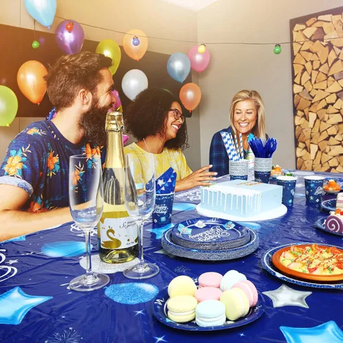 Miniatura 6 de Norme Juego de vajilla para fiesta de cumpleaños de 176 piezas en azul marino y plata. Decoración de cumpleaños que incluye mantel, platos de papel
