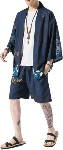 PRIJOUHE Conjunto de pantalones tipo kimono de estilo japonés para hombre, ligero, casual, siete mangas, frente abierto, cárdigan y pantalones cortos