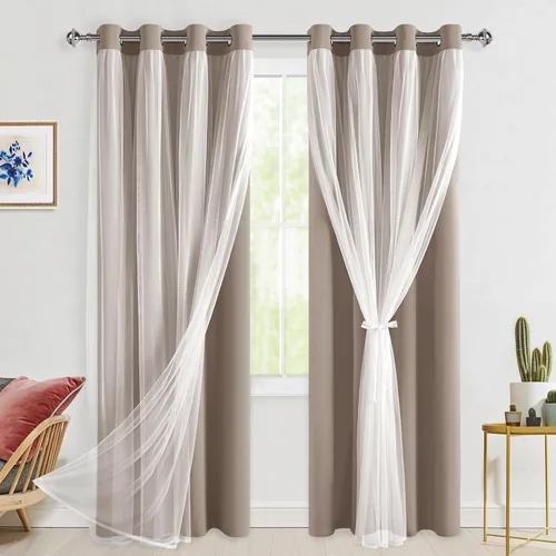 Miniatura 108 de Hiasan Cortinas opacas con superposición transparente, aislamiento térmico para mezclar y combinar de doble capa, cortinas de oscurecimiento de Beige
