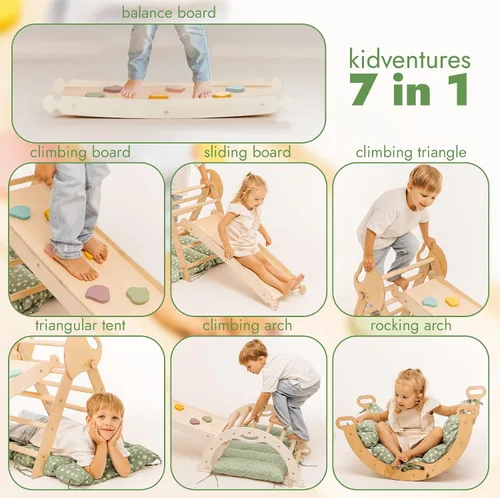 Miniatura 4 de Goodevas Juego de juguetes de escalada 5 en 1 para niños pequeños, triángulo de Pikler, arco de escalada, cojín de equilibrio, gimnasio de escalada