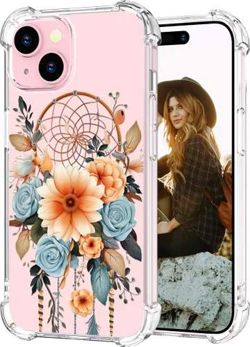 Miniatura 79 de Hungo Funda compatible con iPhone 15 Plus para mujer, diseño floral transparente, lindo, flor azul rosa Rosas Azules
